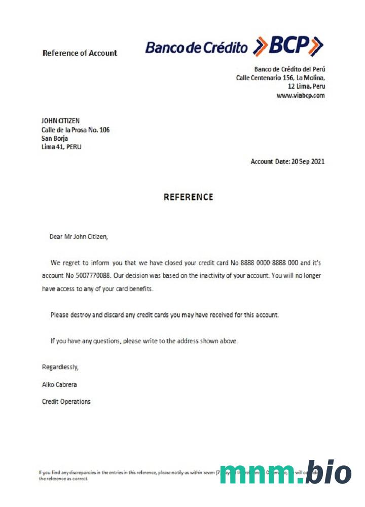 Przykład zamknięcia Peru Banco de Credito w formatach Word i PDF